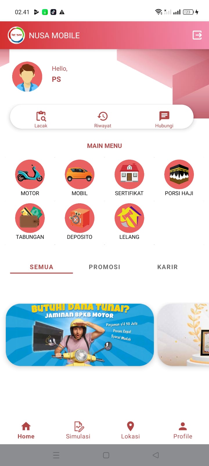 Tampilan layar aplikasi BPR Nusa Mobile